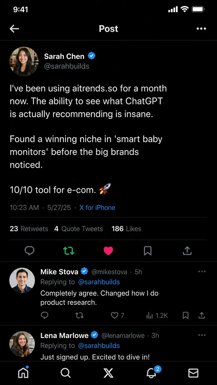 Illustrative example — a post on X praising AI Trends for surfacing a rising niche early