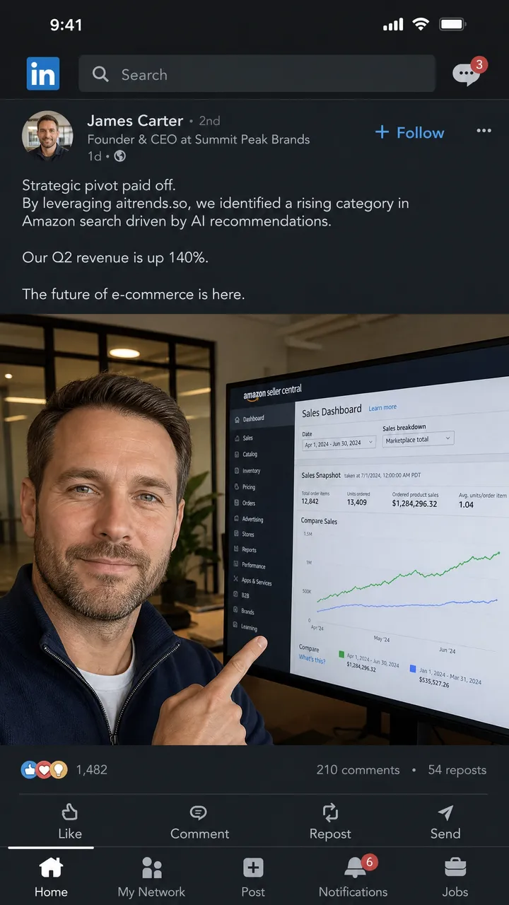 Illustrative example — a LinkedIn post about growing Amazon sales using AI Trends