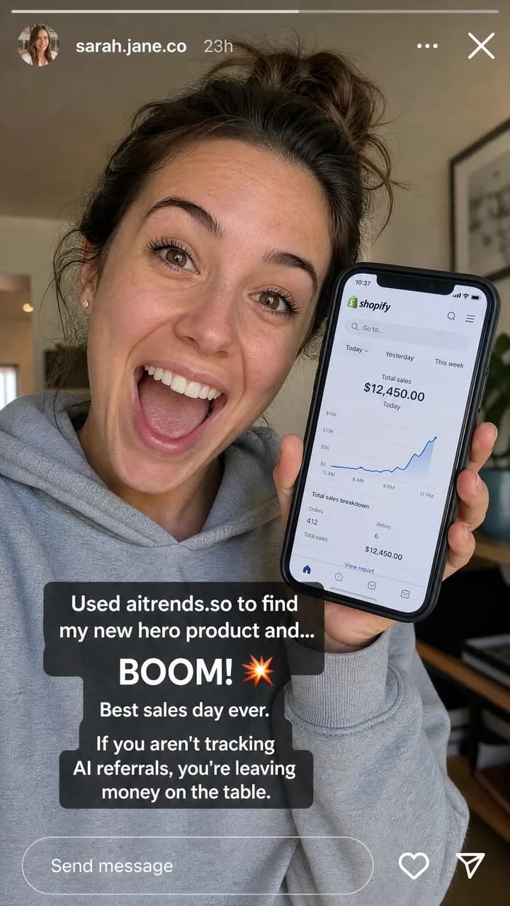 Illustrative example — a Shopify sales screenshot shared with praise for AI Trends